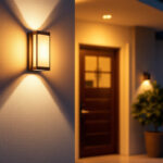 A photograph of a beautifully designed exterior wall light fixture illuminating a stylish home entrance at dusk
