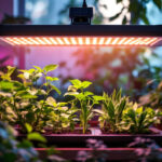 A photograph of a well-lit indoor garden featuring solar-powered grow lights in action
