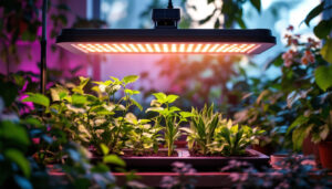 A photograph of a well-lit indoor garden featuring solar-powered grow lights in action