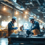 A photograph of a well-lit light manufacturing facility showcasing workers efficiently engaging in a lighting project