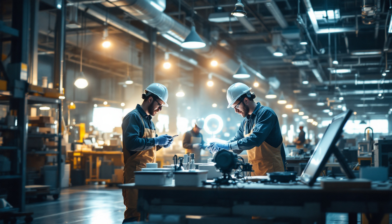 A photograph of a well-lit light manufacturing facility showcasing workers efficiently engaging in a lighting project