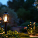 A photograph of a beautifully designed outdoor yard lamp illuminating a landscaped garden at dusk