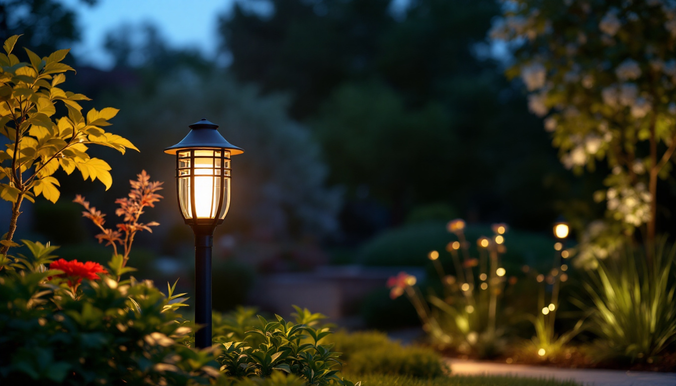 A photograph of a beautifully designed outdoor yard lamp illuminating a landscaped garden at dusk