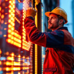 A photograph of a skilled lighting contractor installing or adjusting an led sign in an urban setting