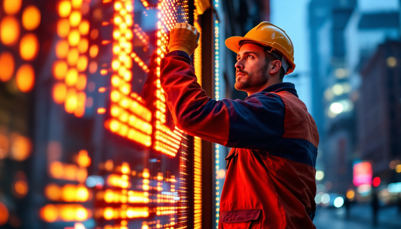 A photograph of a skilled lighting contractor installing or adjusting an led sign in an urban setting
