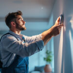 A photograph of a lighting contractor skillfully adjusting smart lighting systems in a modern home