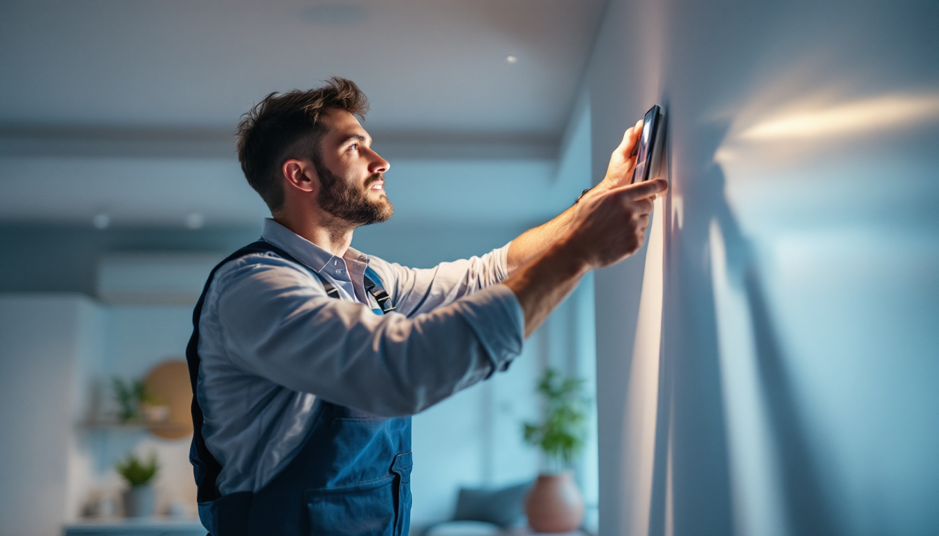 A photograph of a lighting contractor skillfully adjusting smart lighting systems in a modern home
