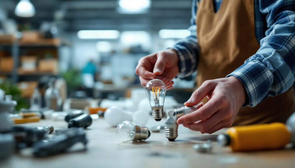 A photograph of a lighting contractor expertly handling various light bulb bases and fixtures
