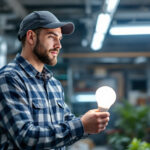 A photograph of a lighting contractor in a well-lit workspace