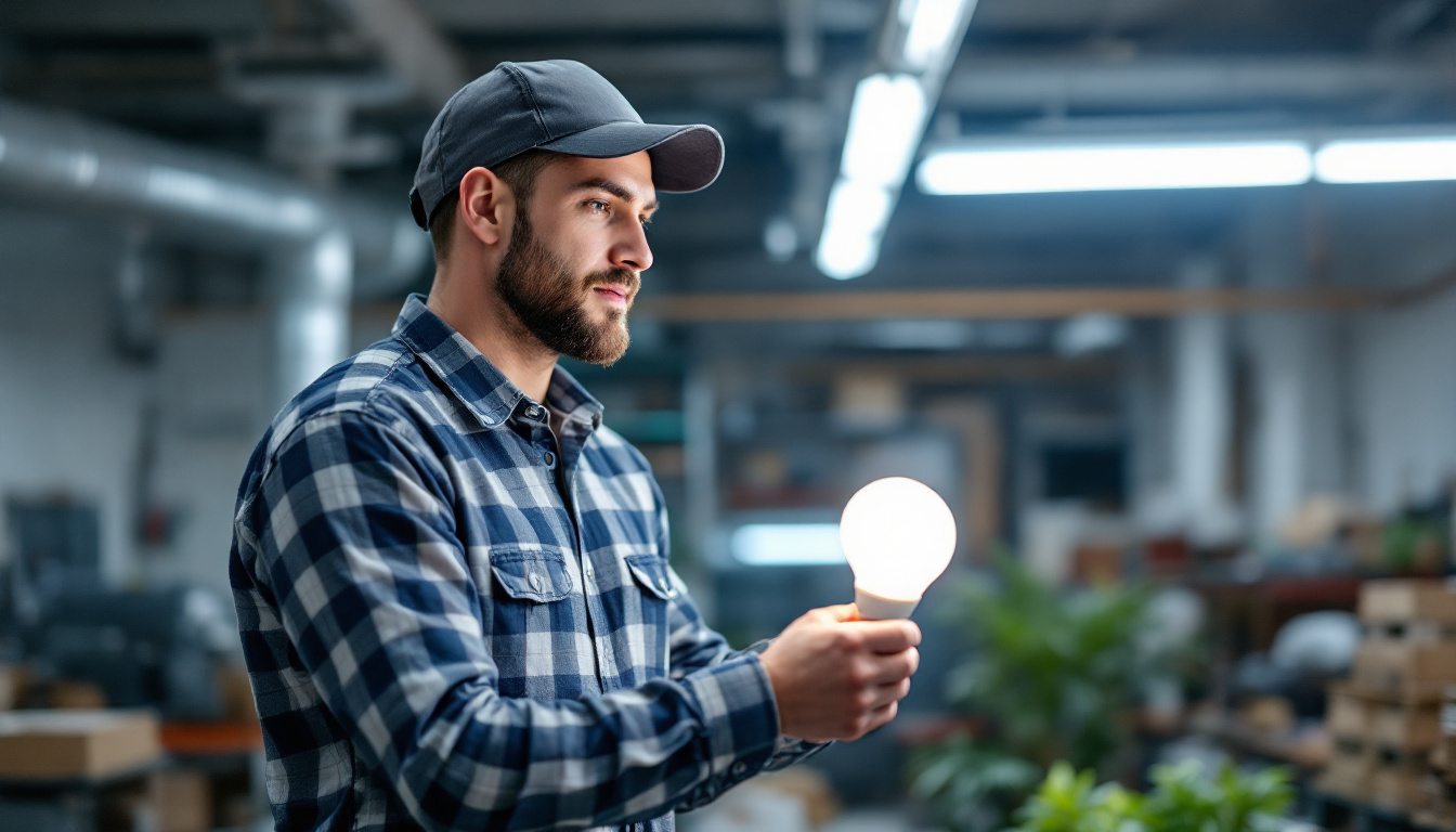 A photograph of a lighting contractor in a well-lit workspace