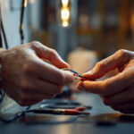 A photograph of a skilled lighting contractor working with 2 wire electrical connectors in a well-lit space