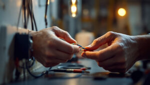 A photograph of a skilled lighting contractor working with 2 wire electrical connectors in a well-lit space