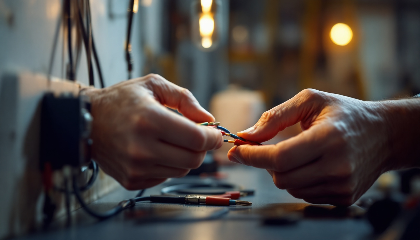A photograph of a skilled lighting contractor working with 2 wire electrical connectors in a well-lit space