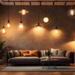 A photograph of a well-lit interior space showcasing a variety of lighting fixtures