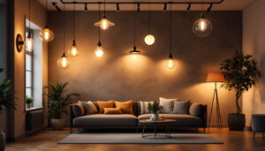 A photograph of a well-lit interior space showcasing a variety of lighting fixtures