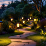 A photograph of a beautifully landscaped garden at dusk