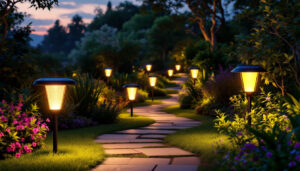 A photograph of a beautifully landscaped garden at dusk