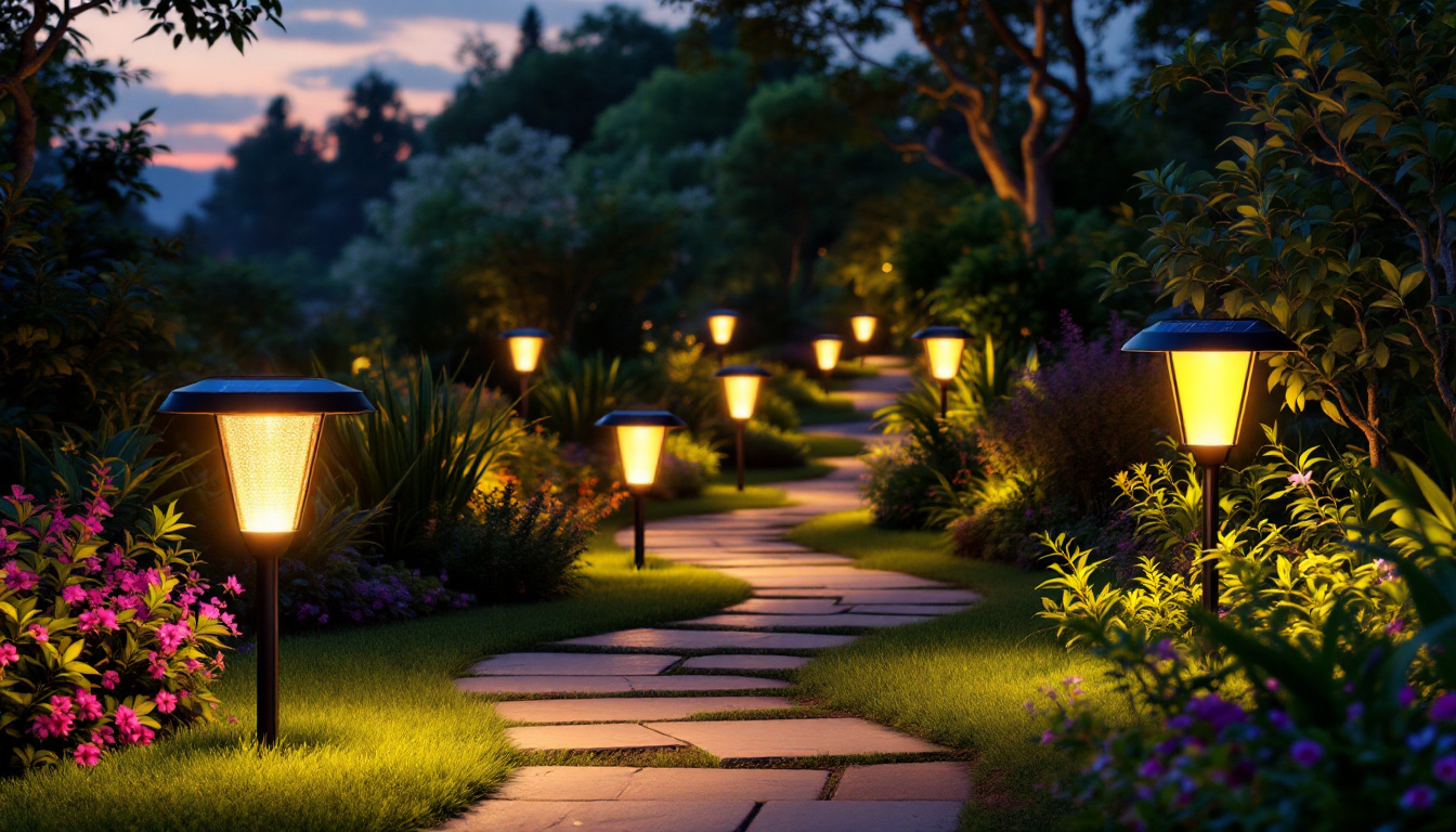 A photograph of a beautifully landscaped garden at dusk