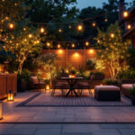 A photograph of a beautifully illuminated outdoor space at dusk