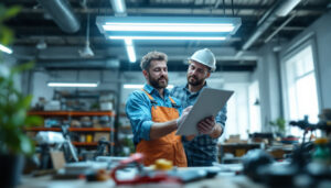 A photograph of a lighting contractor examining both led and fluorescent light fixtures in a well-lit workspace