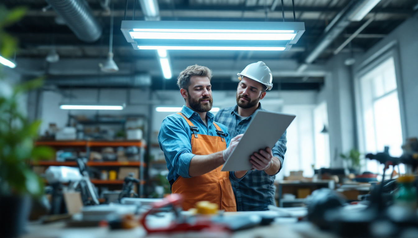 A photograph of a lighting contractor examining both led and fluorescent light fixtures in a well-lit workspace