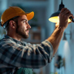 A photograph of a skilled lighting contractor carefully installing or adjusting various types of lighting fixtures in a well-lit residential or commercial space