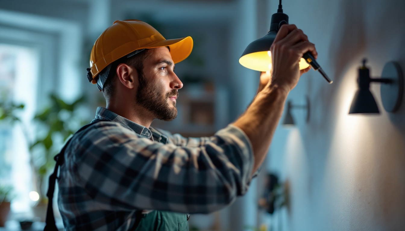 A photograph of a skilled lighting contractor carefully installing or adjusting various types of lighting fixtures in a well-lit residential or commercial space