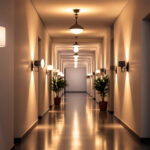 A photograph of a beautifully illuminated hallway featuring a variety of stylish lighting fixtures