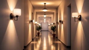 A photograph of a beautifully illuminated hallway featuring a variety of stylish lighting fixtures