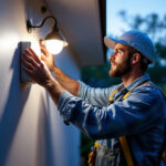 A photograph of a lighting contractor installing a motion sensor on an outdoor light fixture in a residential setting