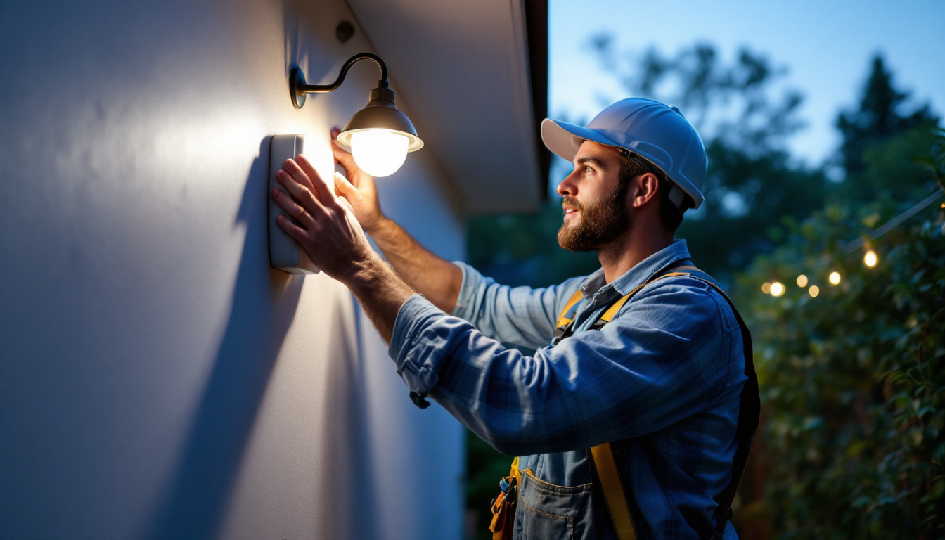 A photograph of a lighting contractor installing a motion sensor on an outdoor light fixture in a residential setting