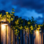 A photograph of a beautifully illuminated fence at dusk