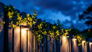 A photograph of a beautifully illuminated fence at dusk