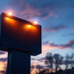A photograph of a well-lit outdoor signage installation at dusk