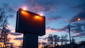 A photograph of a well-lit outdoor signage installation at dusk