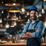 A photograph of a skilled lighting contractor showcasing an array of elegant light fixtures in a well-lit