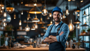 A photograph of a skilled lighting contractor showcasing an array of elegant light fixtures in a well-lit