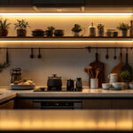 A photograph of a well-designed kitchen or workspace featuring sleek undercounter lighting that highlights the countertops and enhances the overall ambiance