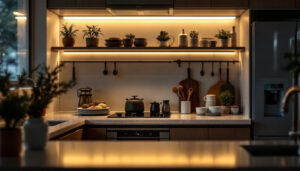 A photograph of a well-designed kitchen or workspace featuring sleek undercounter lighting that highlights the countertops and enhances the overall ambiance