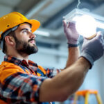 A photograph of a lighting contractor replacing a fluorescent bulb with an led