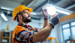 A photograph of a lighting contractor replacing a fluorescent bulb with an led
