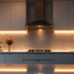A photograph of a beautifully illuminated kitchen featuring sleek undermount lighting installed in the cabinets