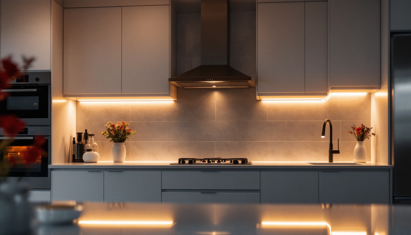 A photograph of a beautifully illuminated kitchen featuring sleek undermount lighting installed in the cabinets