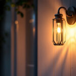 A photograph of a beautifully designed exterior wall sconce light fixture illuminating a charming entrance or patio
