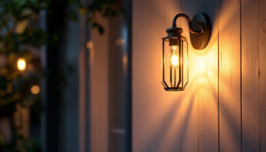 A photograph of a beautifully designed exterior wall sconce light fixture illuminating a charming entrance or patio