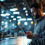 A photograph of a lighting contractor using a smartphone or tablet to monitor and control various lighting fixtures in a modern