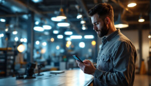 A photograph of a lighting contractor using a smartphone or tablet to monitor and control various lighting fixtures in a modern