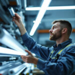 A photograph of a lighting contractor installing or examining various sizes of fluorescent tubes in a well-lit workspace