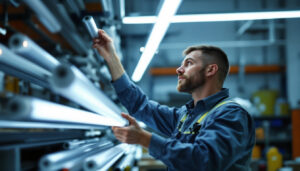 A photograph of a lighting contractor installing or examining various sizes of fluorescent tubes in a well-lit workspace