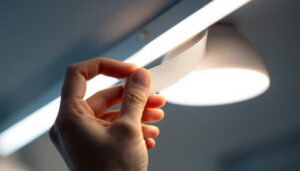 A photograph of a close-up shot of a hand applying dimming tape to a light fixture